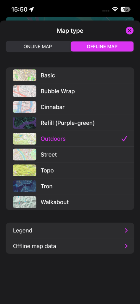 GPX Viewer PRO iOS map type screen